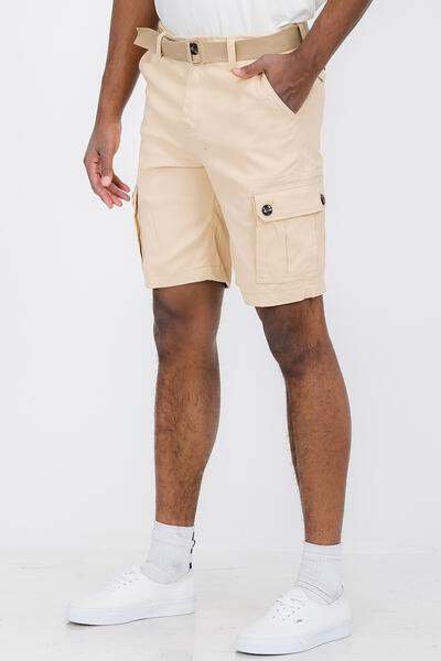 Mens beige cargo shorts with belt, featuring side pockets and button closures.
